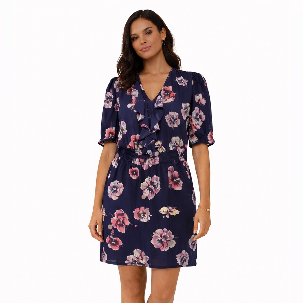 Rebecca Taylor Silk Floral Ruffle Dress Navy Pink Smocked Waist S